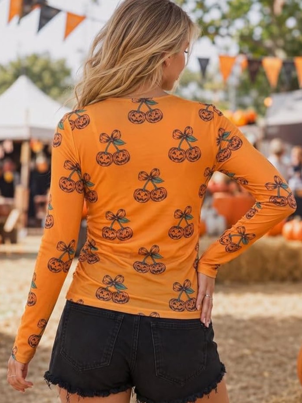 Mesh Orange Pumpkin Print Long Sleeve Ruched Top - Picture 6 of 6